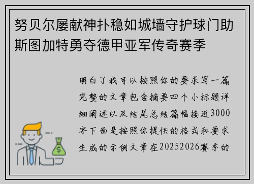 努贝尔屡献神扑稳如城墙守护球门助斯图加特勇夺德甲亚军传奇赛季 努贝尔屡献神扑稳如城墙守护球门助斯图加特勇夺德甲亚军传奇赛季
