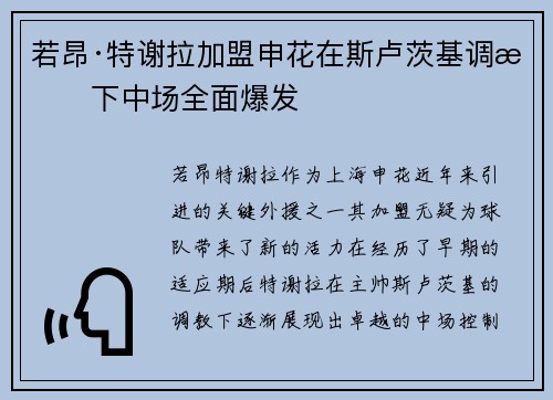 若昂·特谢拉加盟申花在斯卢茨基调教下中场全面爆发