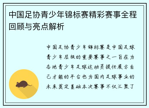 中国足协青少年锦标赛精彩赛事全程回顾与亮点解析 中国足协青少年锦标赛精彩赛事全程回顾与亮点解析